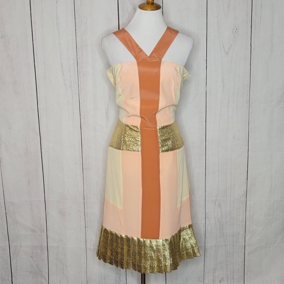 2b Rych Colorblock Halter Dress Gold Pleated Hem Sparkle Sz S - Picture 2 of 12